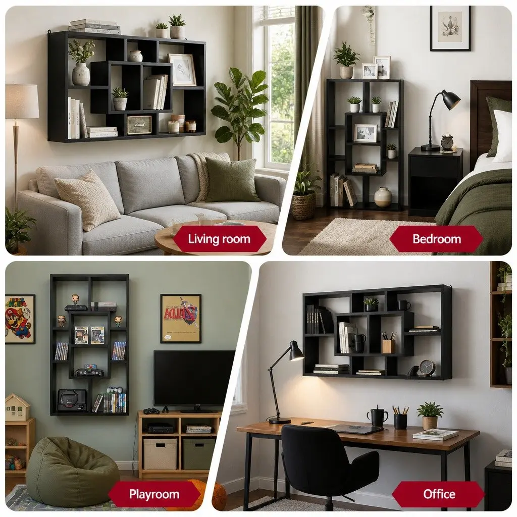 Floating Wall Shelf Bookcase with 8 Display Compartments Black