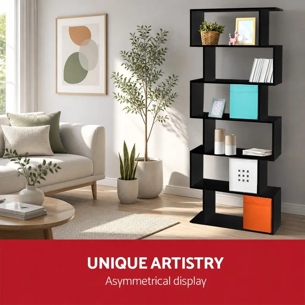 6-Tier Display Bookshelf High Density Particle Board S-Shape Black