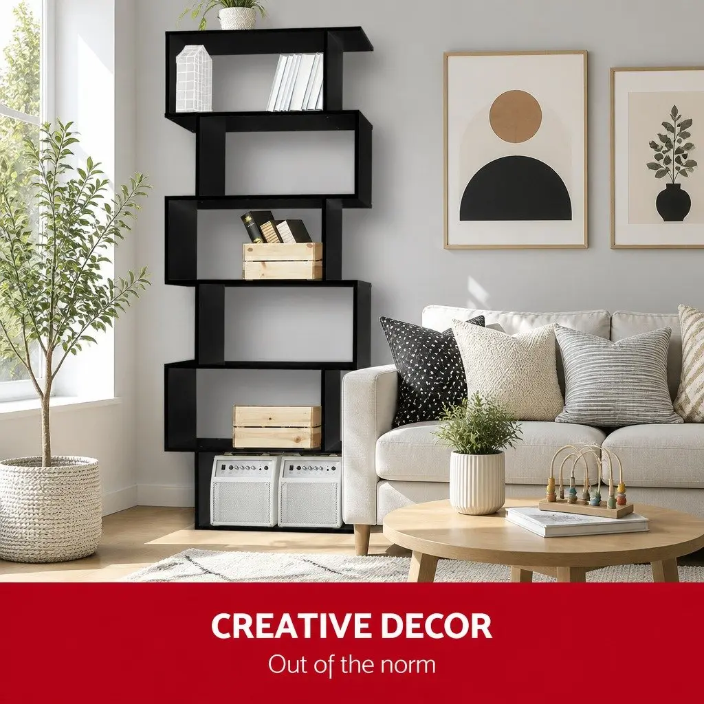 6-Tier Display Bookshelf High Density Particle Board S-Shape Black