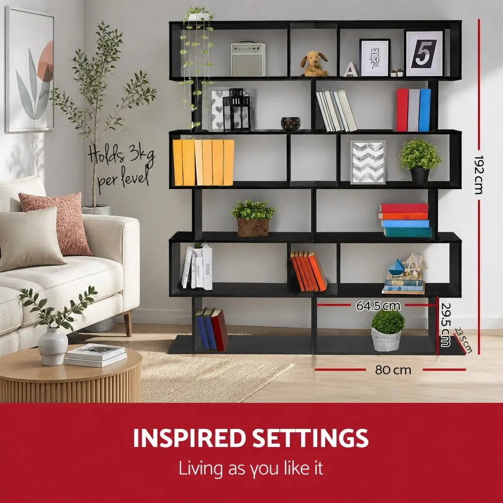 6-Tier Display Bookshelf High Density Particle Board S-Shape Black