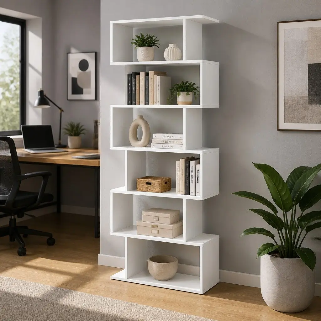 6-Tier Display Shelf White S-Shape Bookcase Living Room Storage Organiser