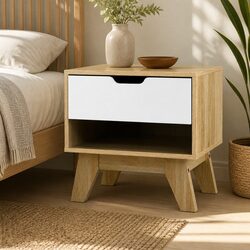 Bedside Table 1 Drawer with Shelf White Oak Two-Tone Bedroom Nightstand Storage
