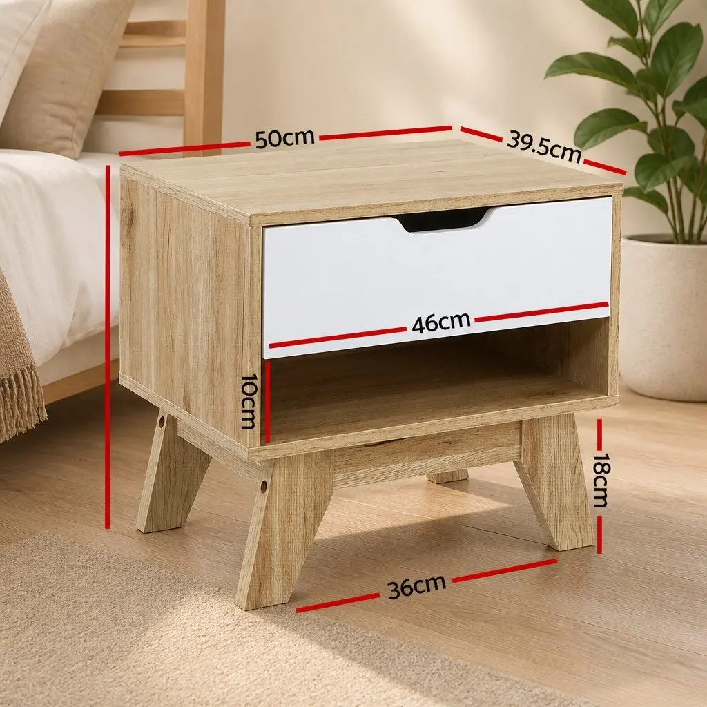 Bedside Table 1 Drawer with Shelf White Oak Two-Tone Bedroom Nightstand Storage