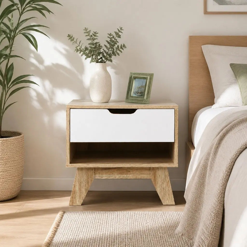 Bedside Table 1 Drawer with Shelf White Oak Two-Tone Bedroom Nightstand Storage