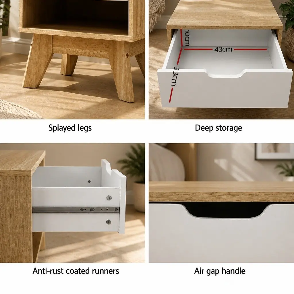 Bedside Table 1 Drawer with Shelf White Oak Two-Tone Bedroom Nightstand Storage