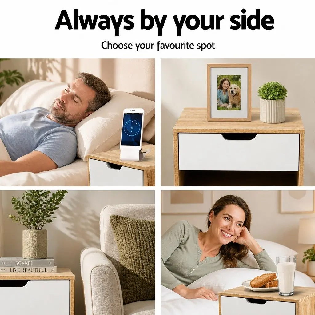 Bedside Table 1 Drawer with Shelf White Oak Two-Tone Bedroom Nightstand Storage