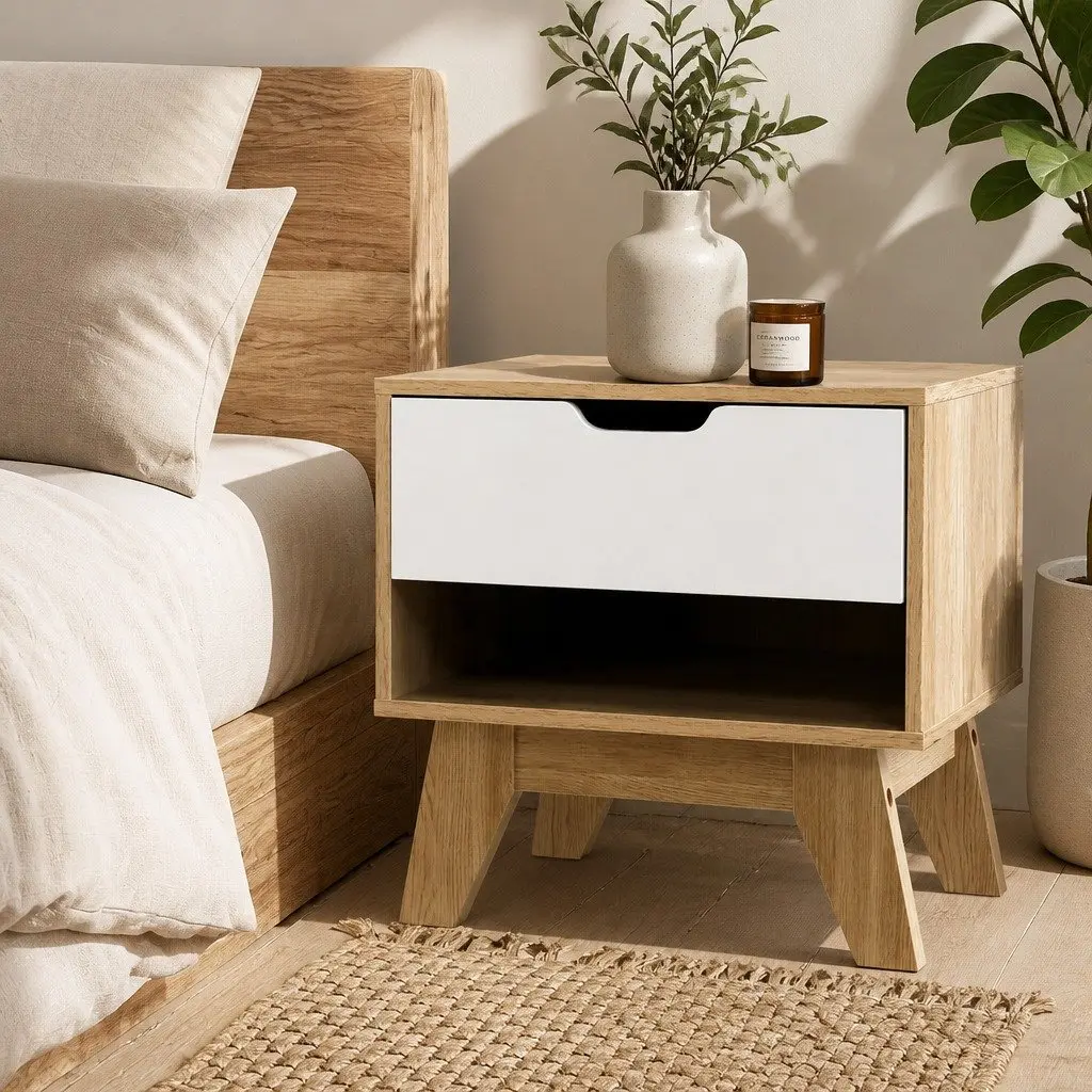 Bedside Table 1 Drawer with Shelf White Oak Two-Tone Bedroom Nightstand Storage