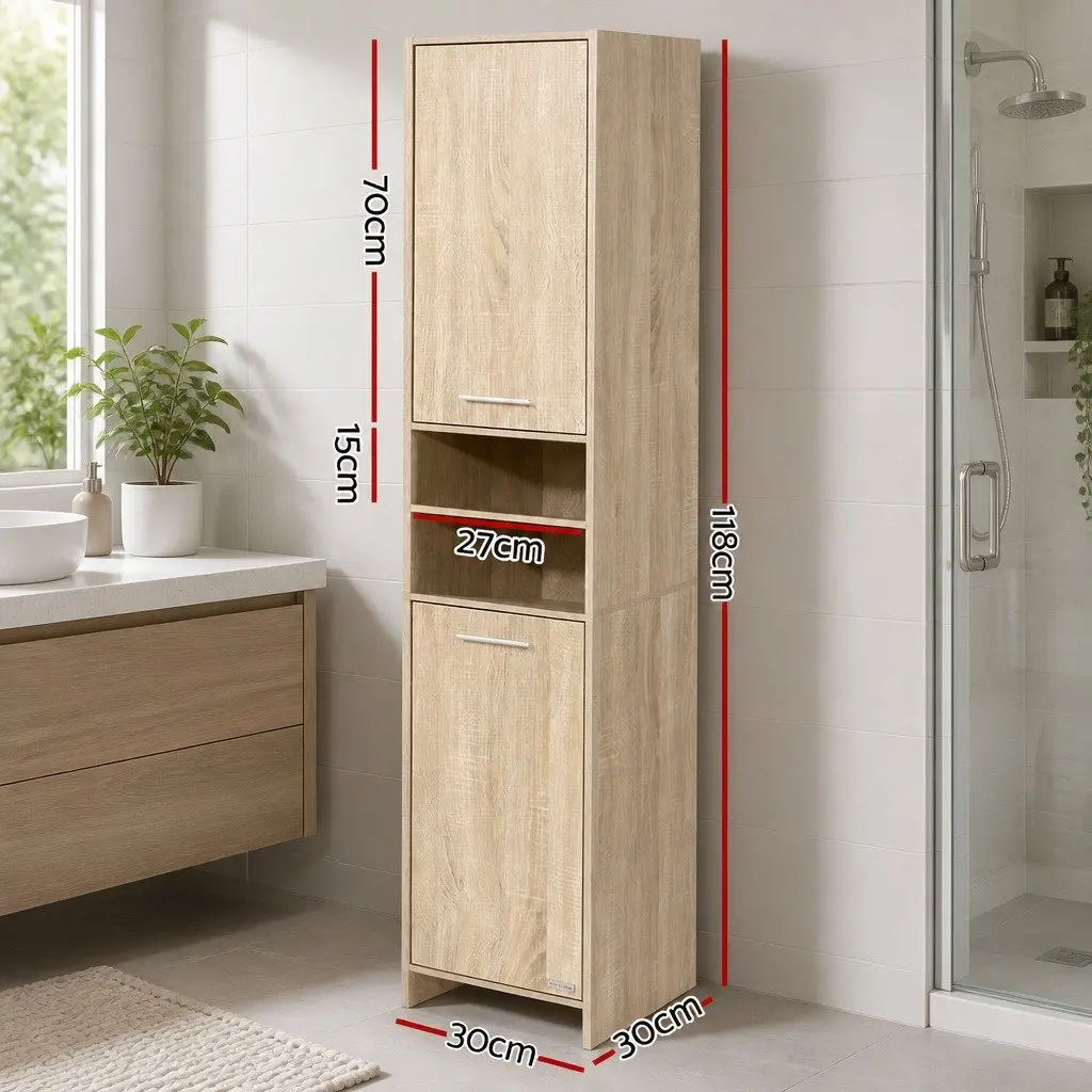 Tall Bathroom Cabinet Oak Wooden 185cm Space-Saving Shelving Unit