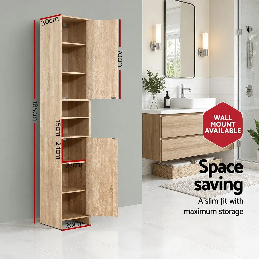 Tall Bathroom Cabinet Oak Wooden 185cm Space-Saving Shelving Unit