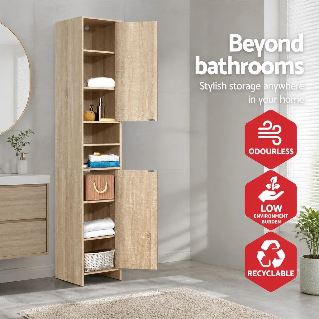 Tall Bathroom Cabinet Oak Wooden 185cm Space-Saving Shelving Unit