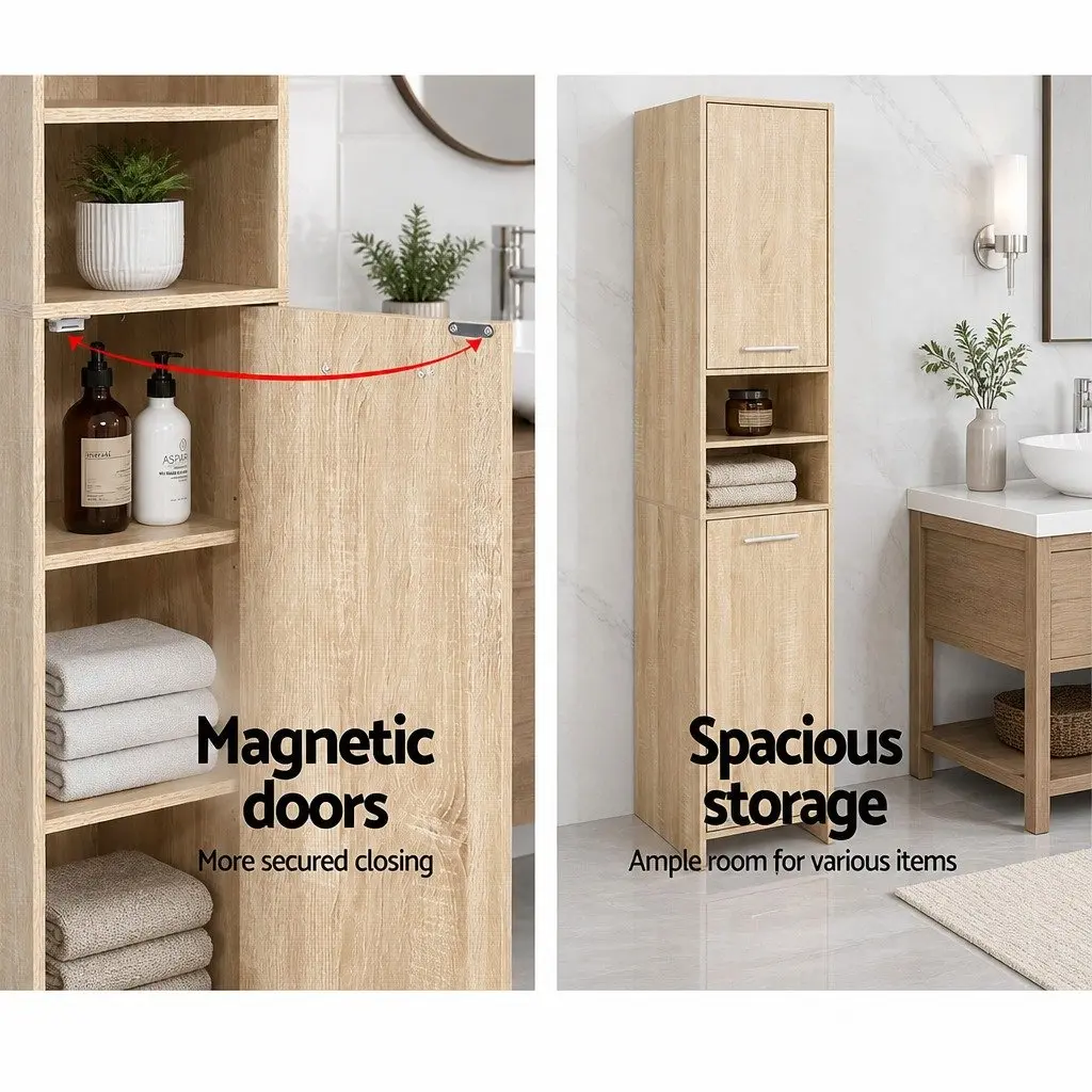 Tall Bathroom Cabinet Oak Wooden 185cm Space-Saving Shelving Unit
