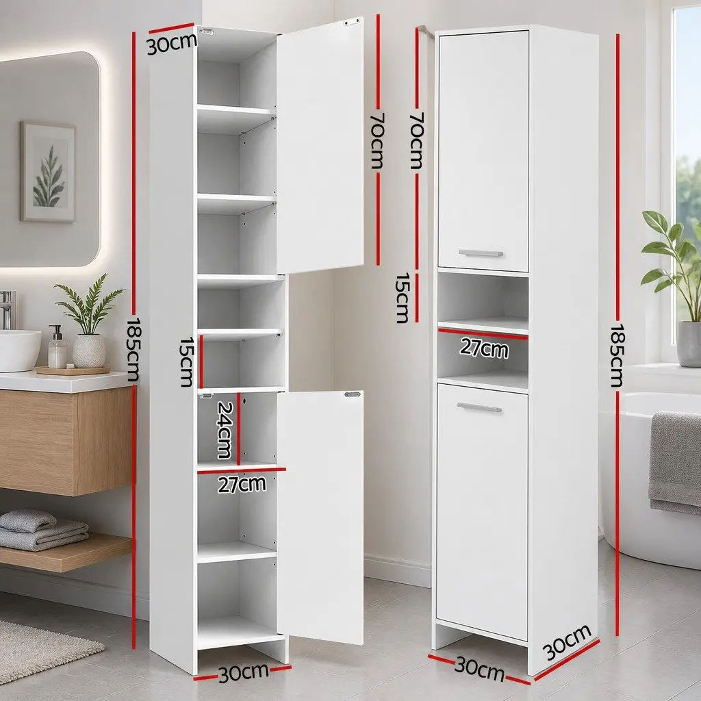 Tall Bathroom Cabinet Storage Engineered Wood 185cm White Slim Space Saving Narrow Cupboard