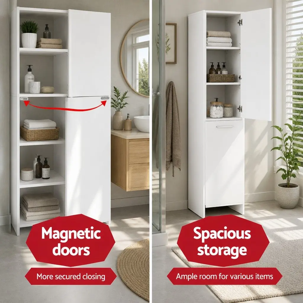 Tall Bathroom Cabinet Storage Engineered Wood 185cm White Slim Space Saving Narrow Cupboard