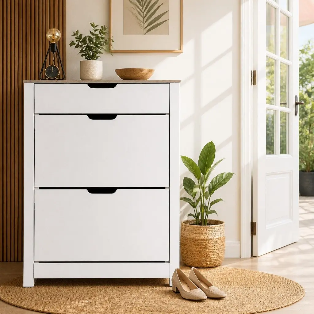Shoe Rack Cabinet 16 Pairs White Wood Storage Organiser Entrance Hallway