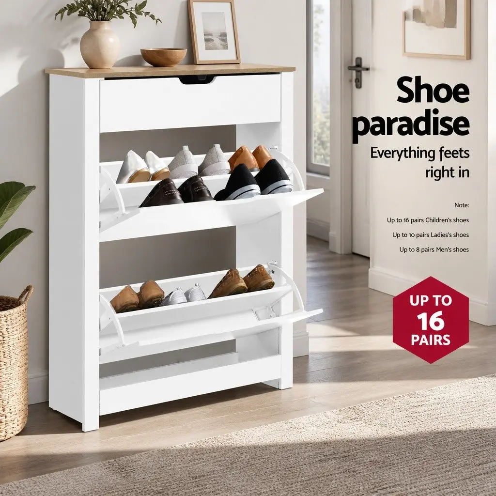 Shoe Rack Cabinet 16 Pairs White Wood Storage Organiser Entrance Hallway