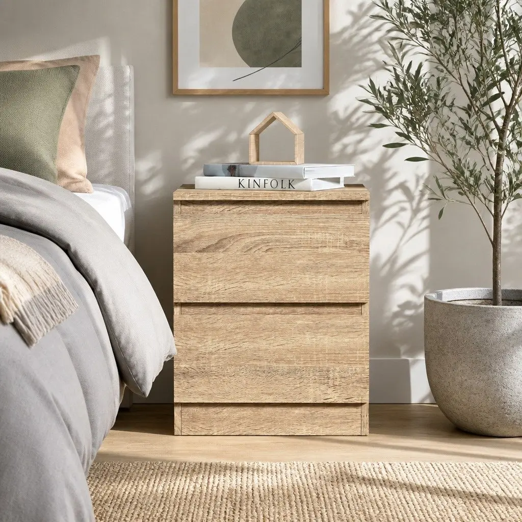 Bedside Table Particle Board 40cm x 39.5cm x 50cm Light Wood Tone 2 Drawers