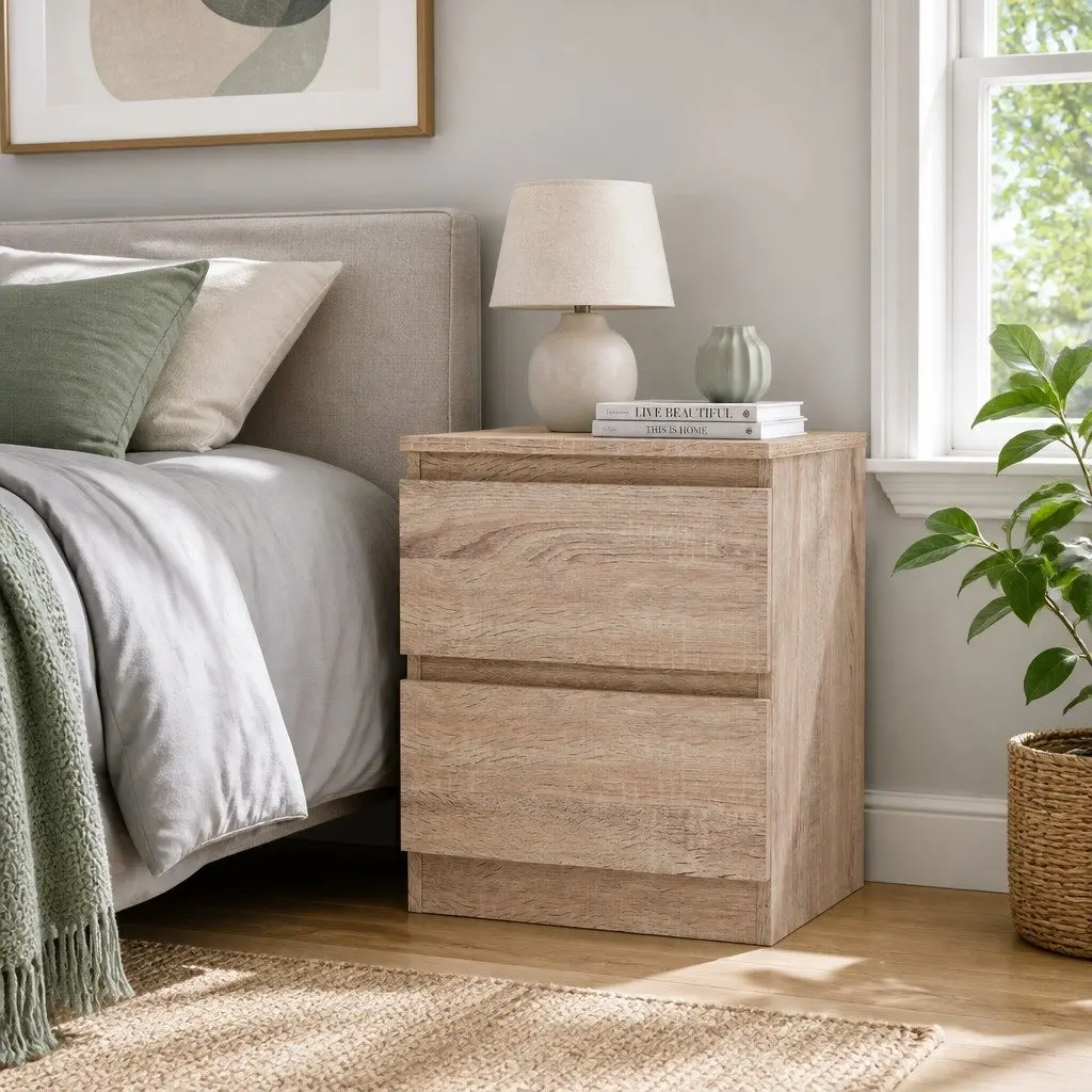 Bedside Table Particle Board 40cm x 39.5cm x 50cm Light Wood Tone 2 Drawers