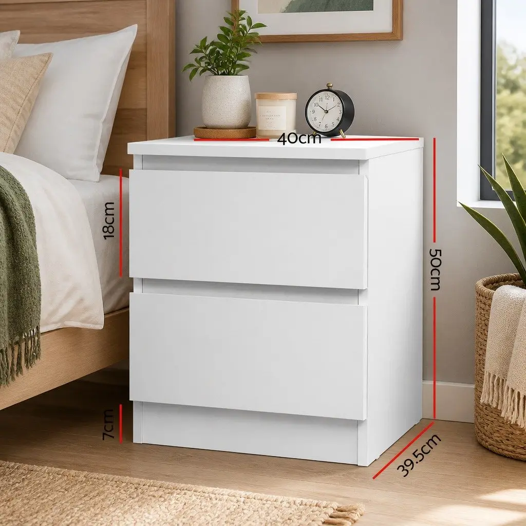 Bedside Table White 2 Drawer Storage Nightstand Particle Board 40cm x 39.5cm x 50cm