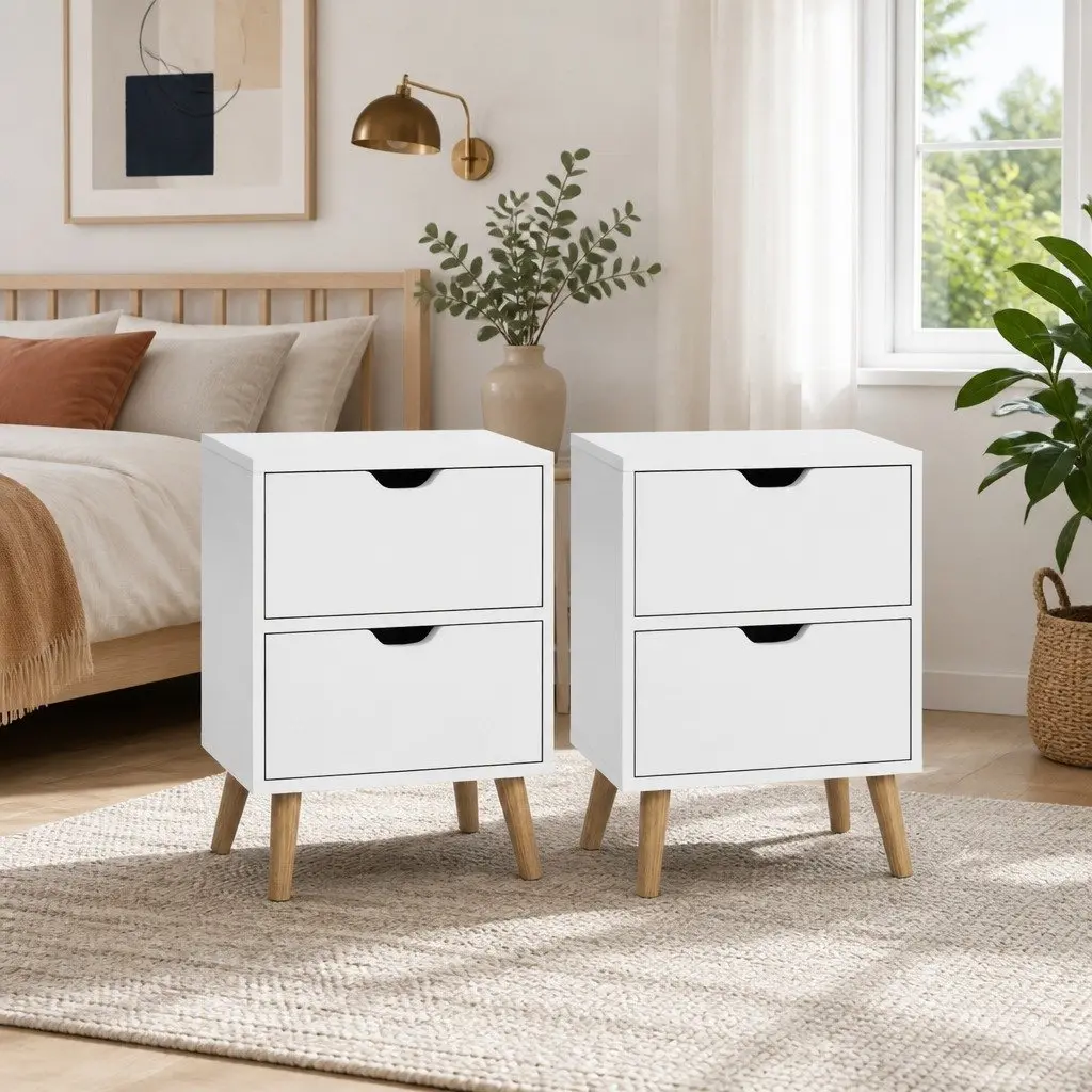 Bedside Table Particle Board 40cm x 30cm x 50cm White Modern with 2 Drawers Splayed Legs