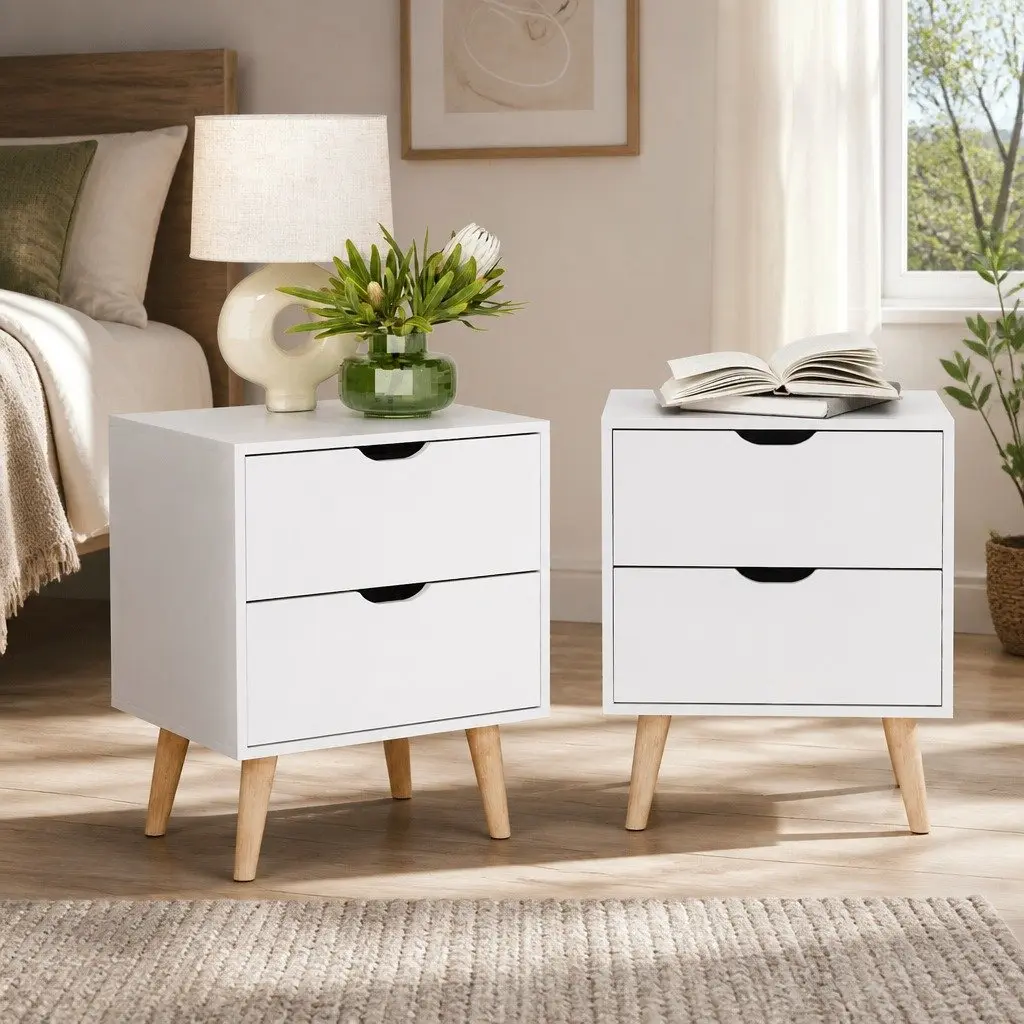 Bedside Table Particle Board 40cm x 30cm x 50cm White Modern with 2 Drawers Splayed Legs