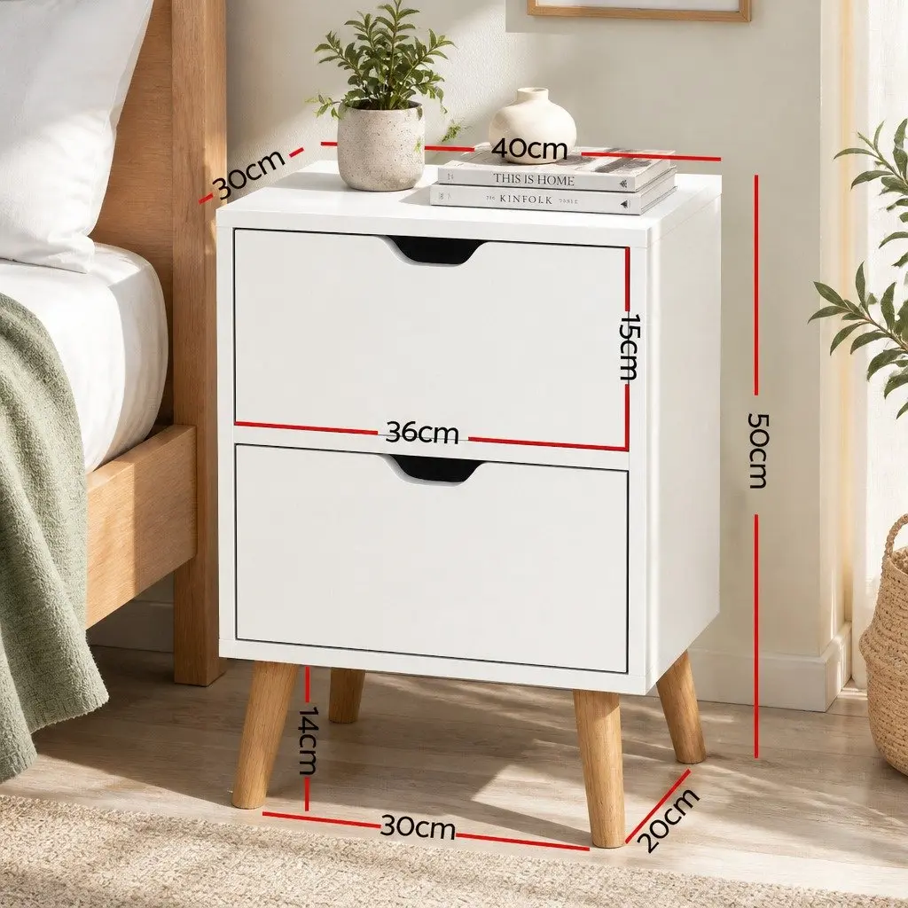 Bedside Table Particle Board 40cm x 30cm x 50cm White Modern with 2 Drawers Splayed Legs