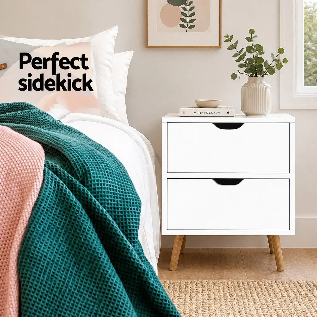 Bedside Table Particle Board 40cm x 30cm x 50cm White Modern with 2 Drawers Splayed Legs