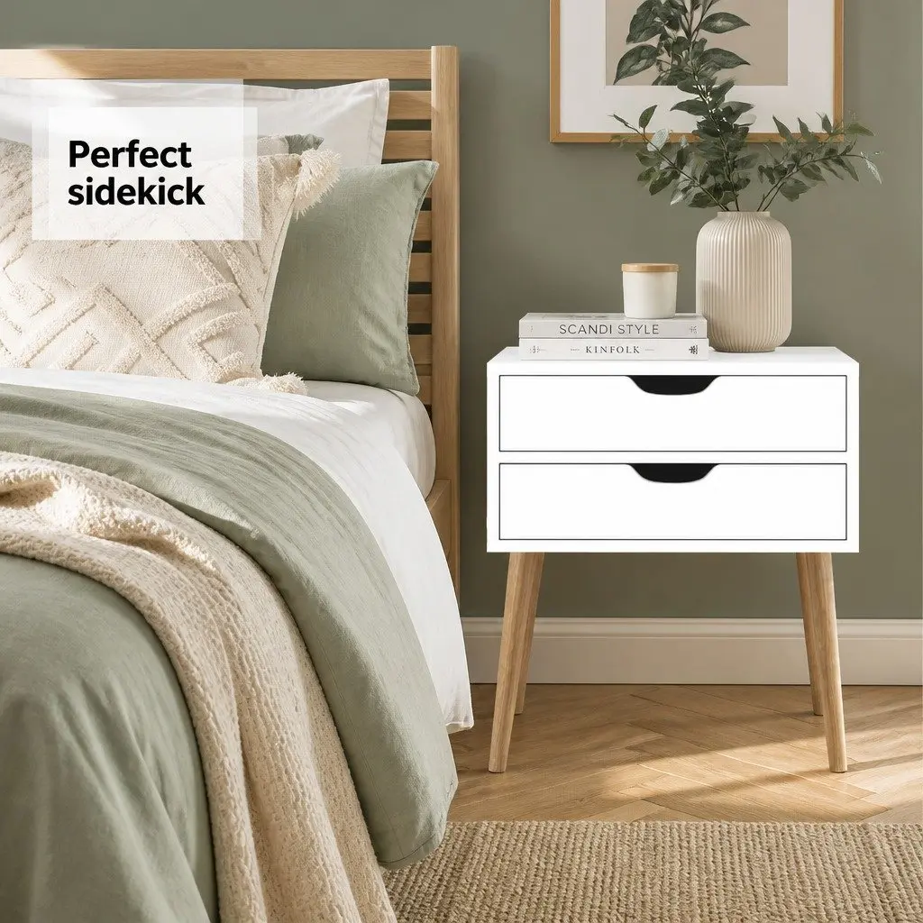 Bedside Table 2 Drawers White Scandinavian Design Bedroom Furniture Storage