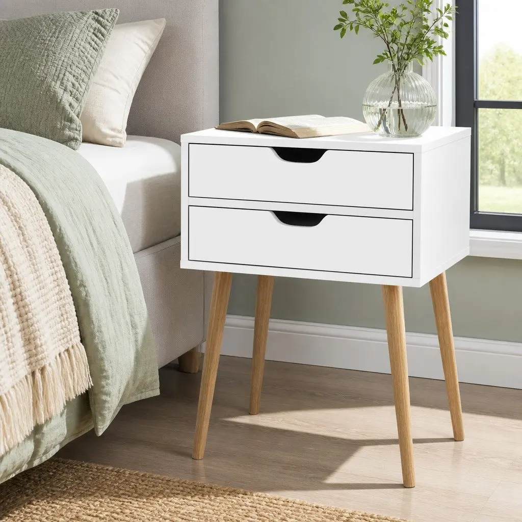 Bedside Table 2 Drawers White Scandinavian Design Bedroom Furniture Storage