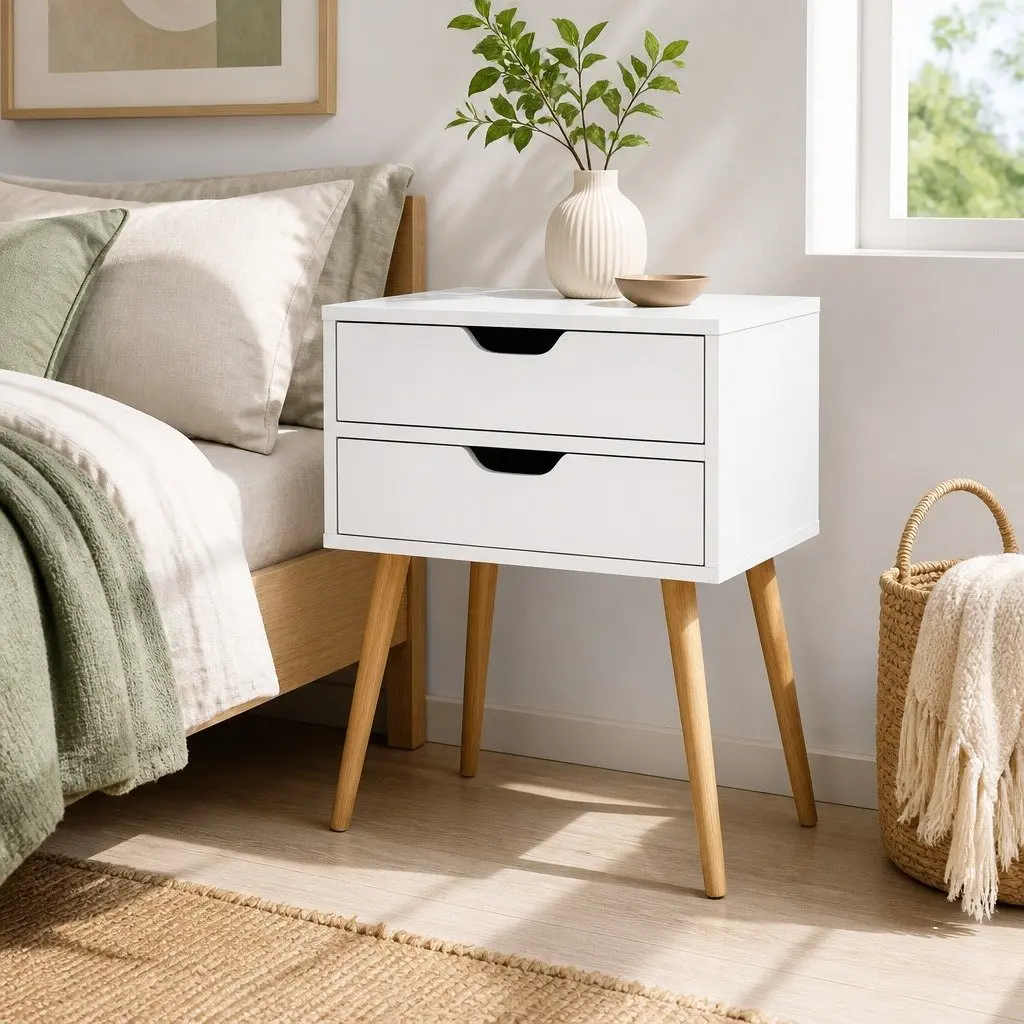 Bedside Table 2 Drawers White Scandinavian Design Bedroom Furniture Storage