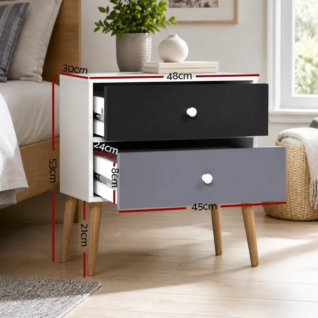 Bedside Table Two Drawers Particle Board Two-tone Finish Black Grey White