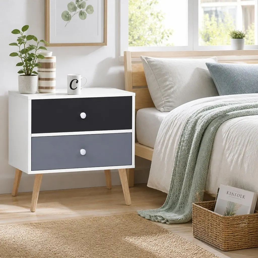 Bedside Table Two Drawers Particle Board Two-tone Finish Black Grey White