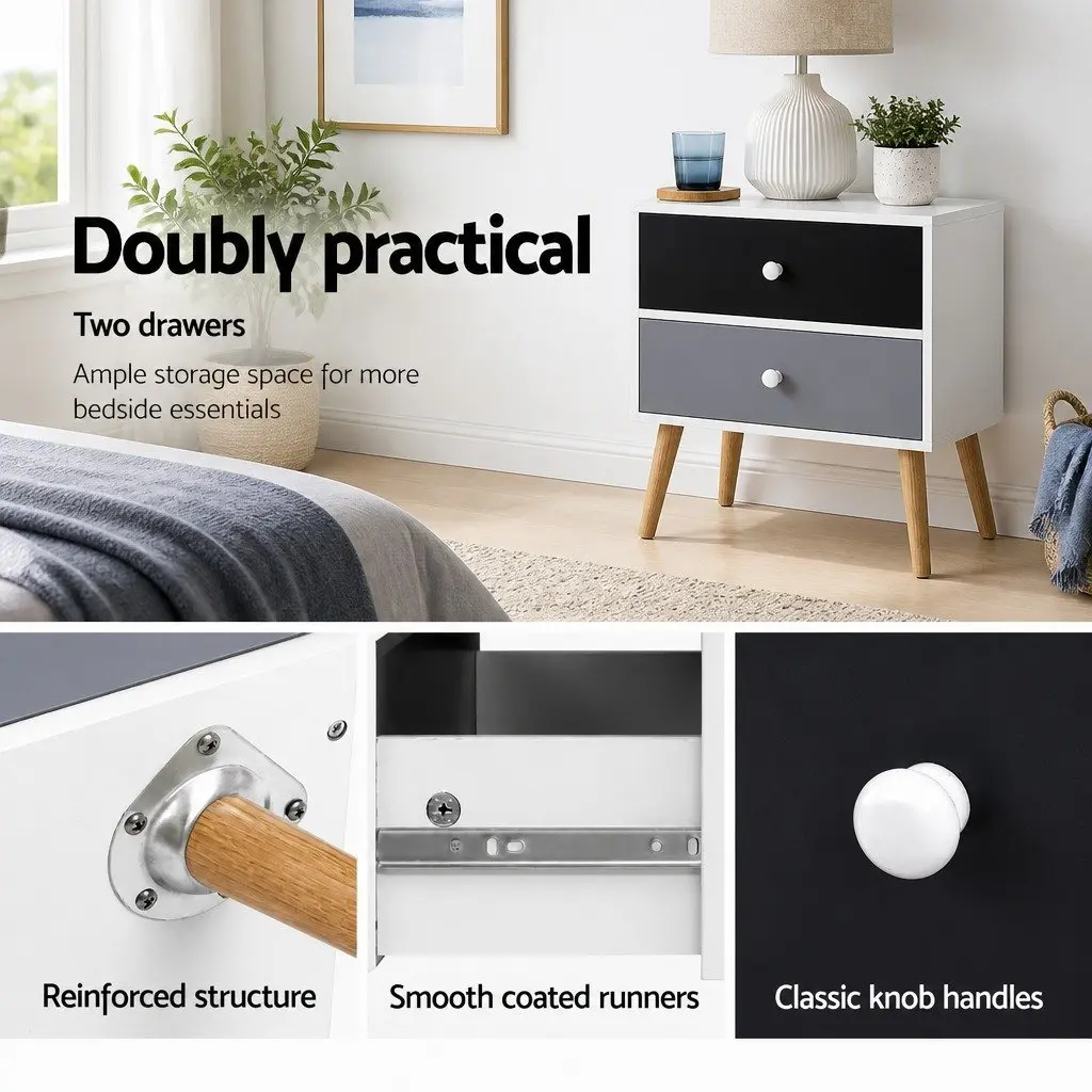 Bedside Table Two Drawers Particle Board Two-tone Finish Black Grey White