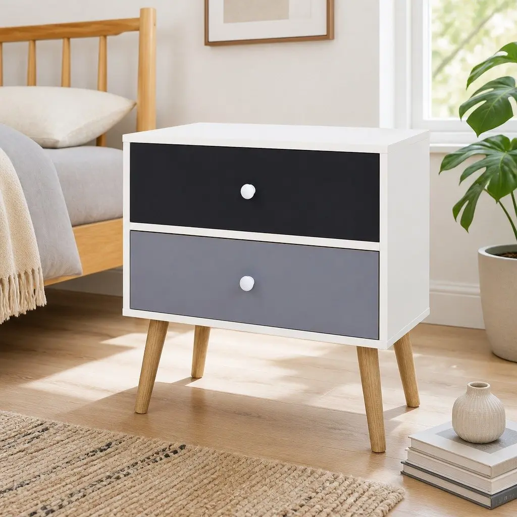 Bedside Table Two Drawers Particle Board Two-tone Finish Black Grey White