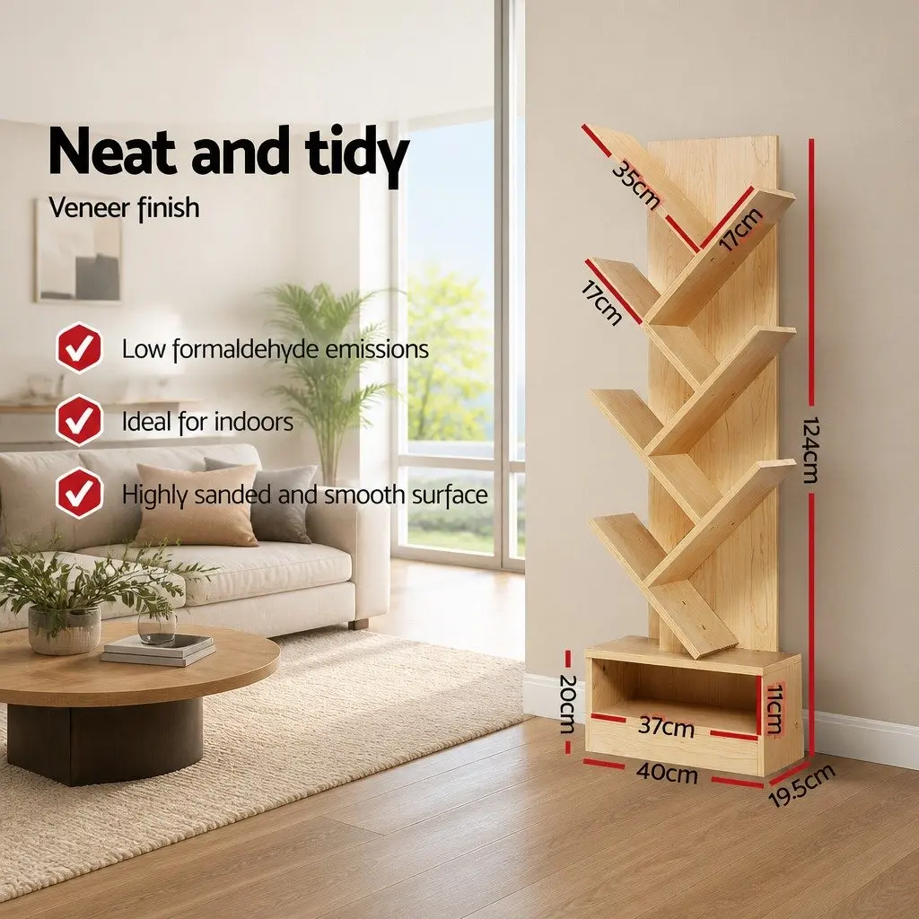 7 Tier Tree Bookshelf Storage Display Unit Freestanding Wall-Mounted Natural Oak