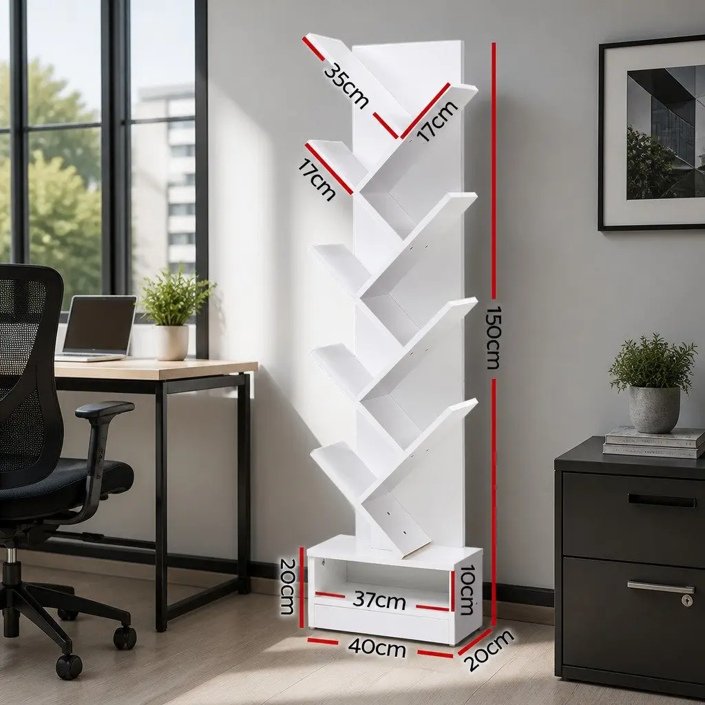 Tree Bookshelf 9 Tier Particle Board White Freestanding Wall Mount 40cm W x 20cm D x 150cm H