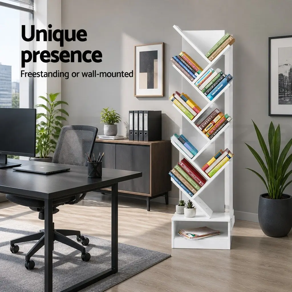 Tree Bookshelf 9 Tier Particle Board White Freestanding Wall Mount 40cm W x 20cm D x 150cm H