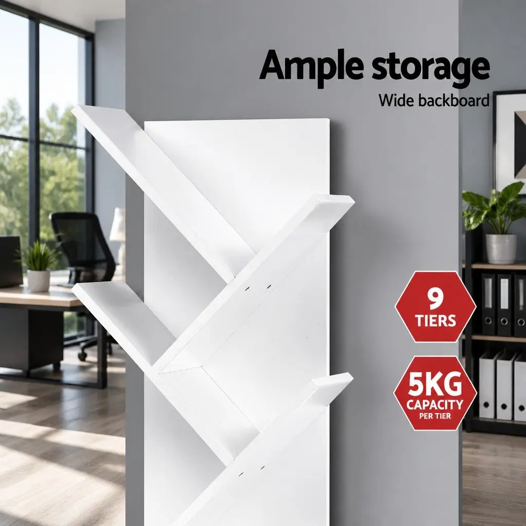 Tree Bookshelf 9 Tier Particle Board White Freestanding Wall Mount 40cm W x 20cm D x 150cm H