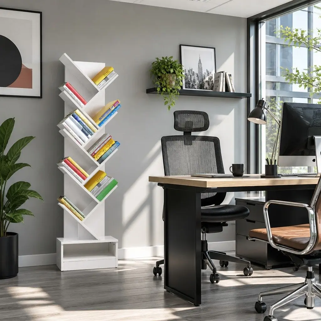 Tree Bookshelf 9 Tier Particle Board White Freestanding Wall Mount 40cm W x 20cm D x 150cm H