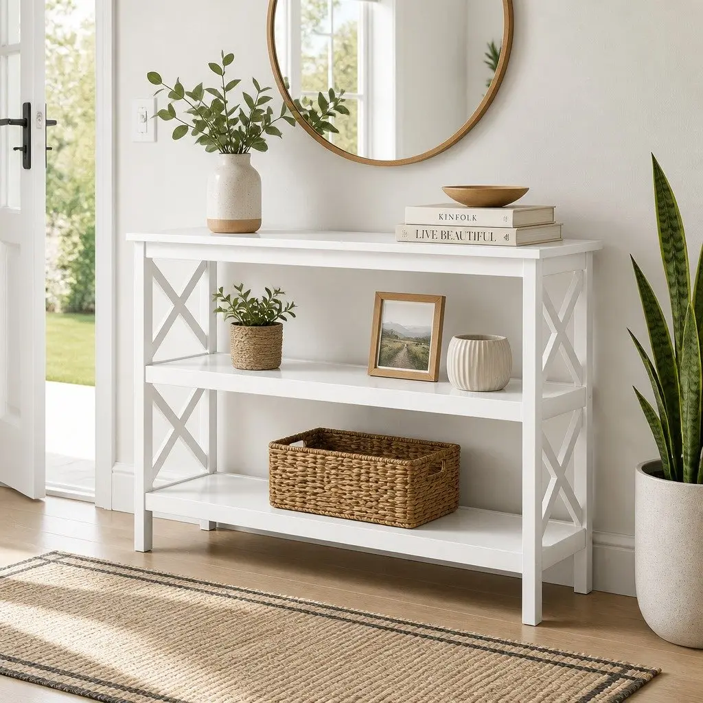 White 3-Tier Console Table E1 MDF 100cm x 40cm x 76cm Home Hallway Side Table Display Shelving Unit