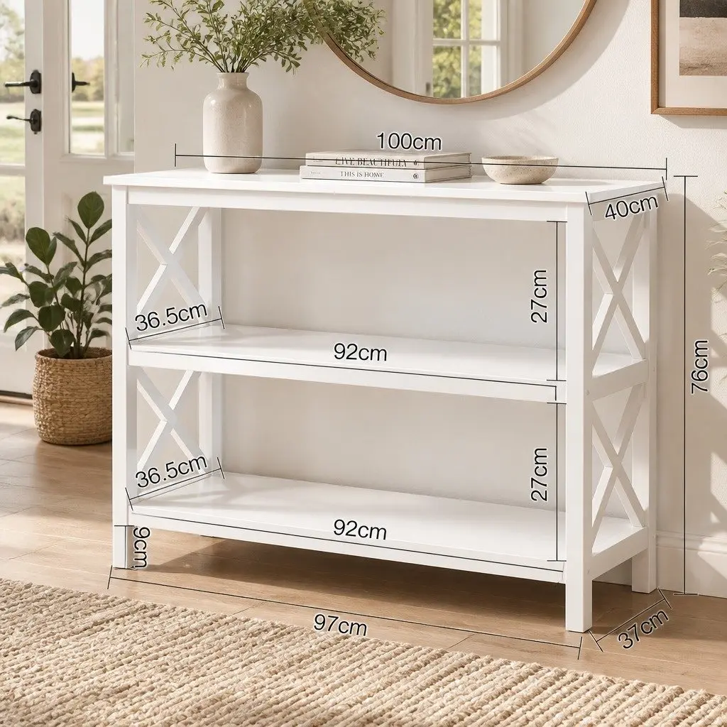 White 3-Tier Console Table E1 MDF 100cm x 40cm x 76cm Home Hallway Side Table Display Shelving Unit