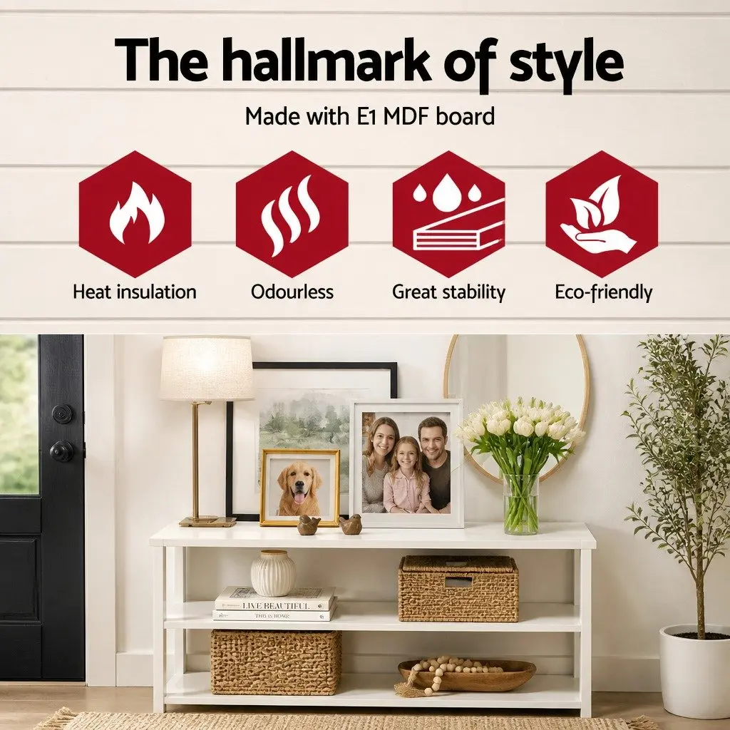 White 3-Tier Console Table E1 MDF 100cm x 40cm x 76cm Home Hallway Side Table Display Shelving Unit
