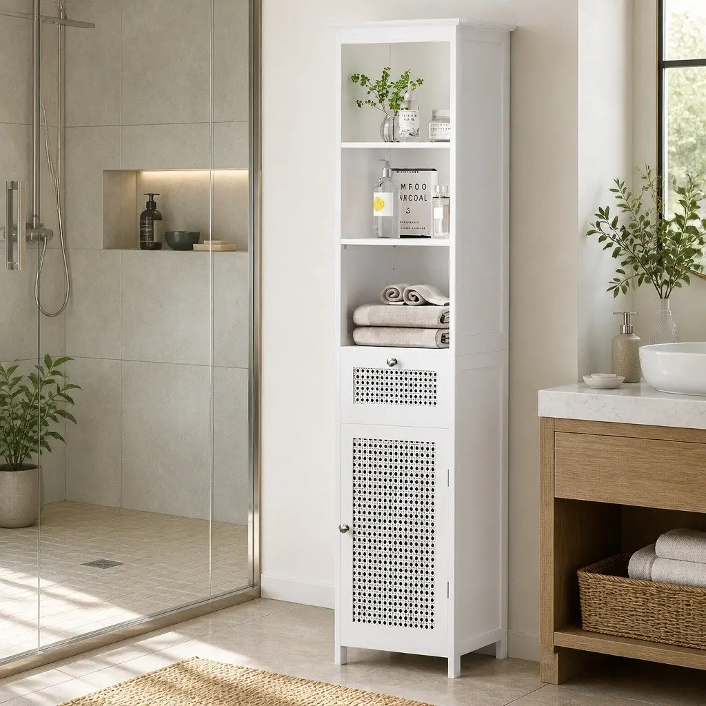 Bathroom Storage Cabinet MDF Rattan 161cm White Tallboy Cupboard Organiser