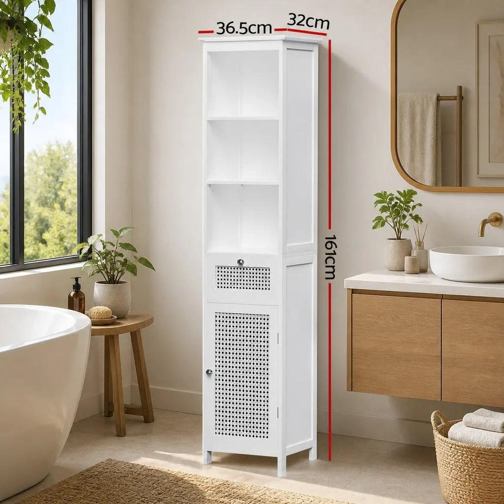 Bathroom Storage Cabinet MDF Rattan 161cm White Tallboy Cupboard Organiser