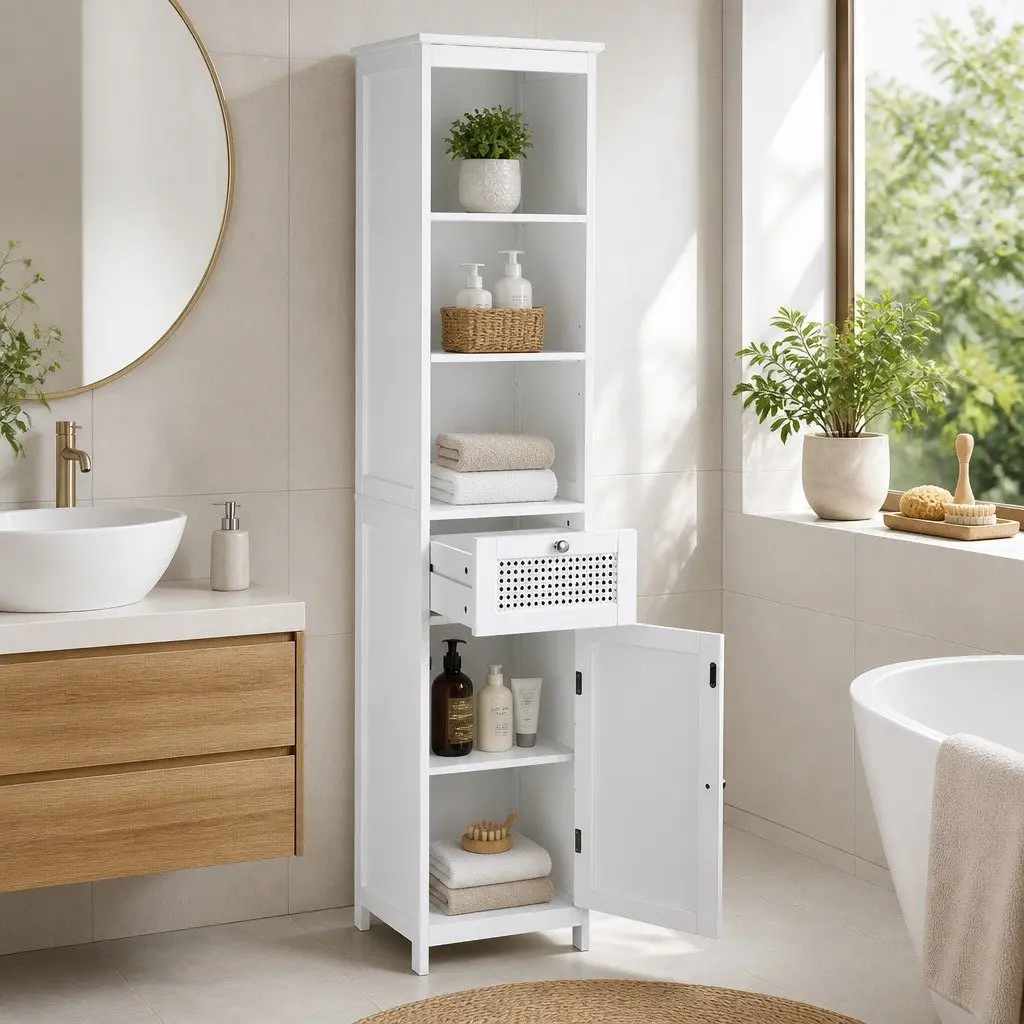 Bathroom Storage Cabinet MDF Rattan 161cm White Tallboy Cupboard Organiser