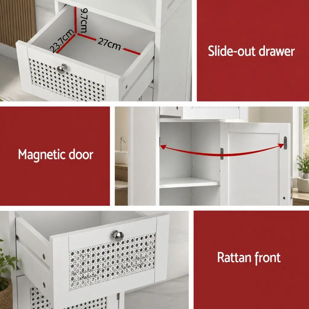 Bathroom Storage Cabinet MDF Rattan 161cm White Tallboy Cupboard Organiser