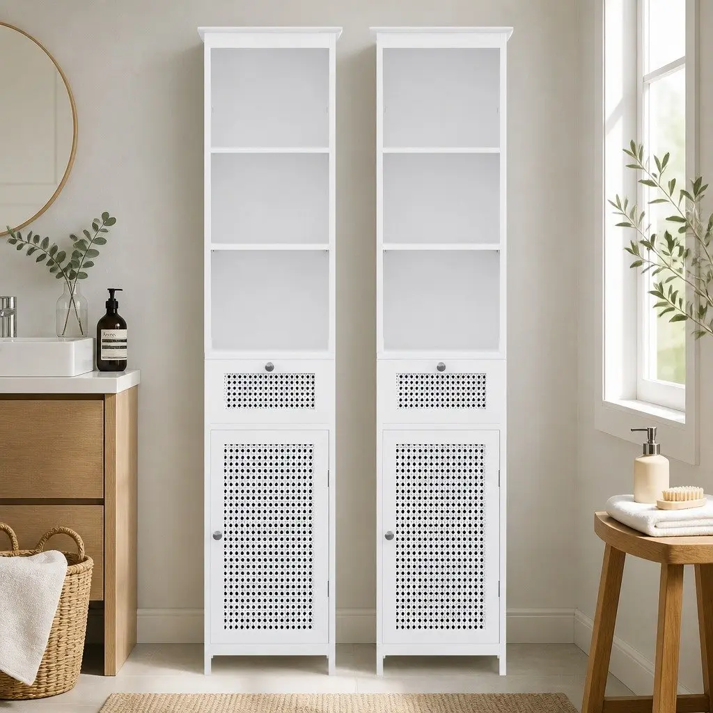 Bathroom Cabinet White Rattan 161cm Storage Organiser with 3 Open Shelves and Slide-Out Drawer