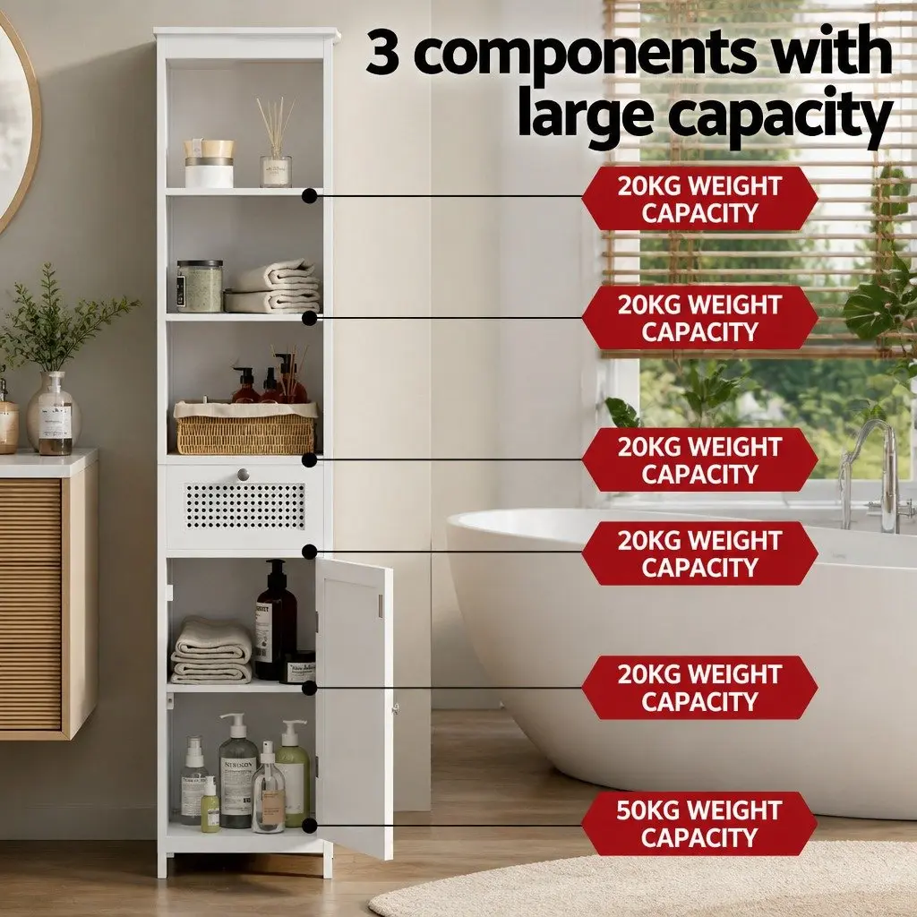 Bathroom Cabinet White Rattan 161cm Storage Organiser with 3 Open Shelves and Slide-Out Drawer