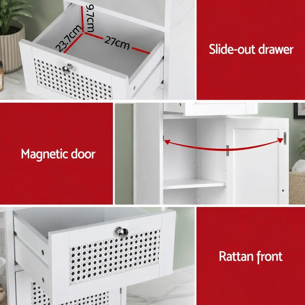 Bathroom Cabinet White Rattan 161cm Storage Organiser with 3 Open Shelves and Slide-Out Drawer