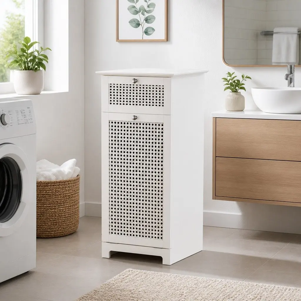 Laundry Hamper Cabinet Rattan E1 MDF 40cm x 41cm x 90cm White