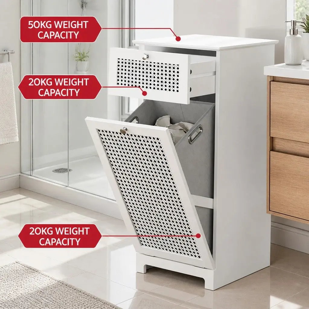Laundry Hamper Cabinet Rattan E1 MDF 40cm x 41cm x 90cm White